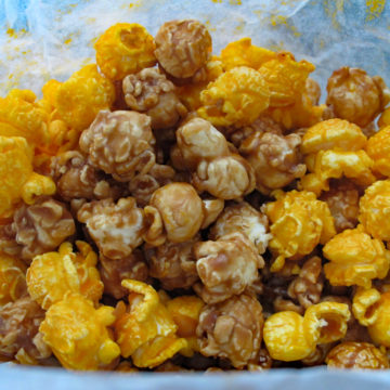 Caramel corn and cheese corn mixed together