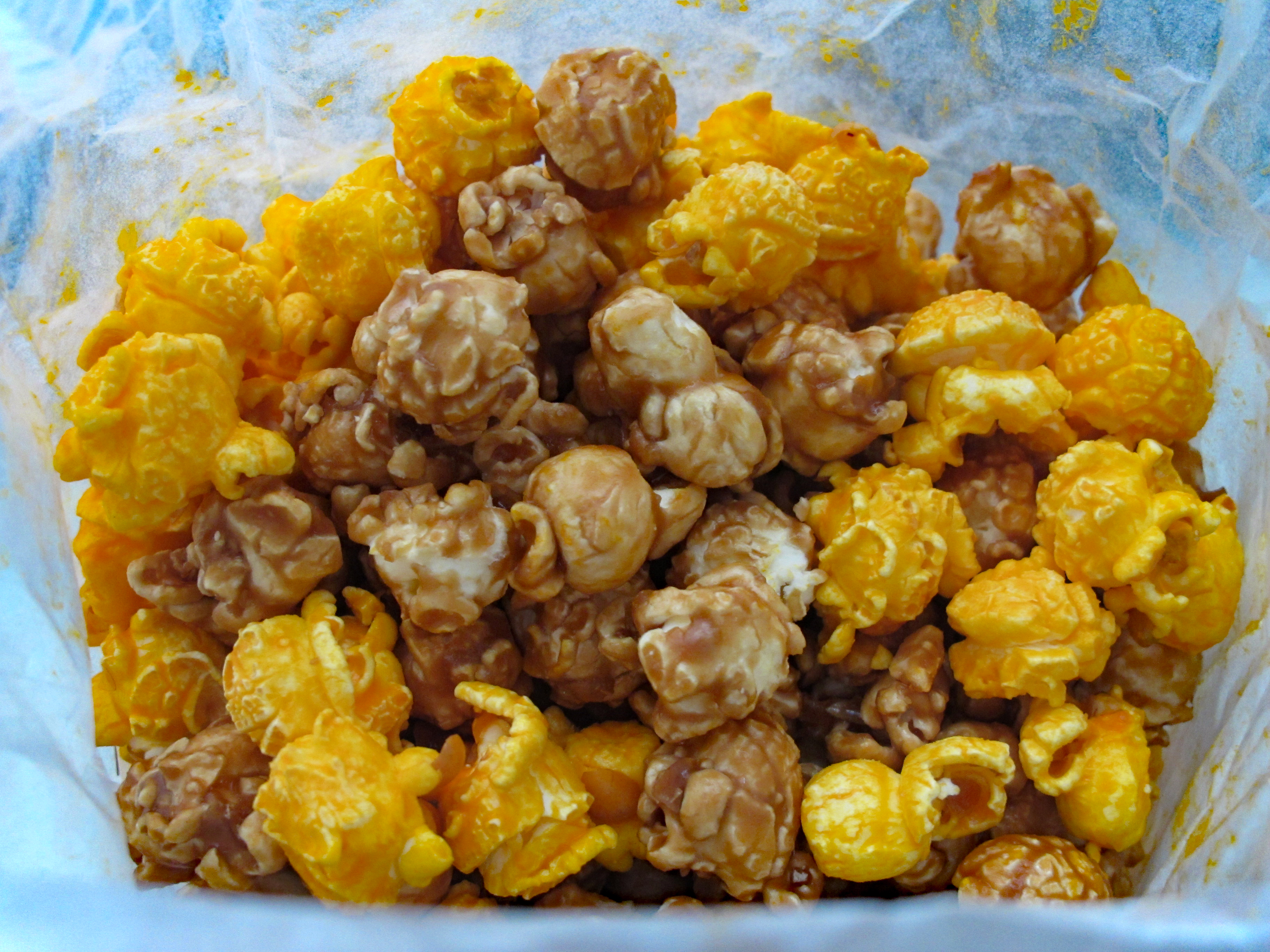 Caramel corn and cheese corn mixed together