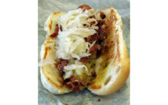 Hot dog with The works: mustard, relish, onions, bacon, and sauerkraut at Mr. Mac's Canteen in Monroe, CT