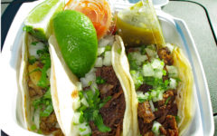 Fuel City Tacos - three filled tacos with barbacoa and el pastor meat