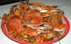 Seasoned, cooked blue crabs ready to eat
