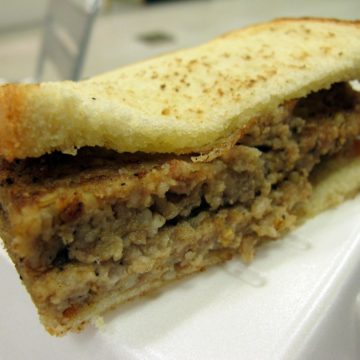 Sandwich holds a slab of moist, porky goetta