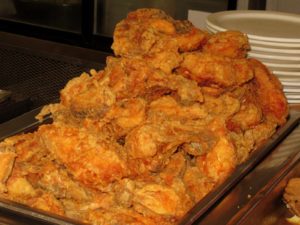 A pile of fried chicken at Matthews Cafeteria in Tucker, GA