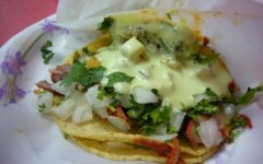 Crisp-fried tortilla holds marinated pork and avocado sauce at Tacos El Gordo in San Diego, CA