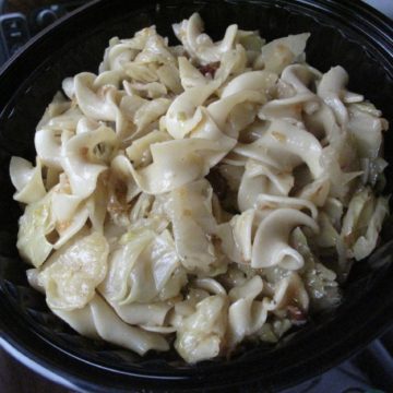 Little egg noodles and cabbage, enhanced by inclusion of bacon pieces