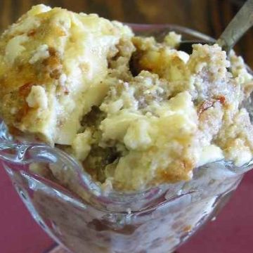 A soda fountain glass holds chunky pudding veined with Grape-Nuts cereal.