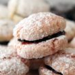 Two plump, sugar-dusted macaroons sandwich a layer of raspberry jam.