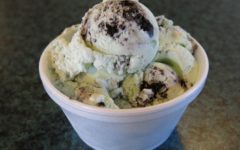 Styrofoam cup holds pale green mint ice cream streaked with pieces of Oreo cookie.