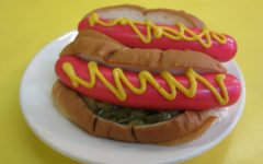 Two loaded hot dogs at Simones Hot Dog Stand