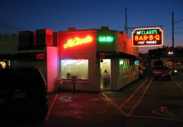 Exterior at night of McClard's Bar-B-Q