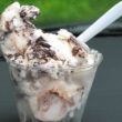 Picnic-table image of a plastic cup showing vanilla ice cream infused with peanut butter cups and chocolate chunks