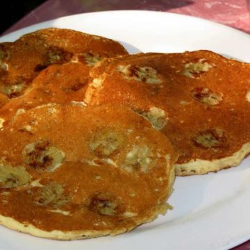 Discs of banana are cooked right in the griddled pancakes