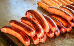 Plump sausages, griddle-browned