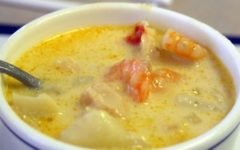 Buttery, creamy chowder is packed with shrimp, clams, and fish