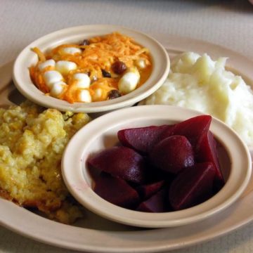 4-vegetable plate: beets, corn pudding, yam casserole, mashed potatoes