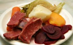 Boiled dinner: corned beef with beets, rutabagas, potato, cabbage, and carrots