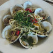 Opened and ready-to-eat littleneck clams in a bowl of white wine sauce with pasta and herbs
