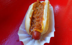 Gray's Papaya hot dog with chili cheese onions at Gray's Papaya in NYC, NY