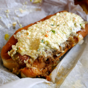 Bunned hot dog smothered with chili, cole slaw, mustard, and onions