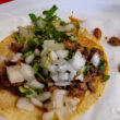 Tortilla topped with shreds of carne seca, onions, and cilantro