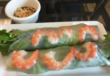 Spring rolls with see-through wrap that shows the shrimp within at Dong Thap Noodles