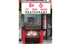 The exterior door outside Wo Hop Restaurant in New York City