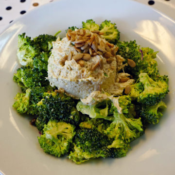 Creamy chicken salad atop al dente broccoli