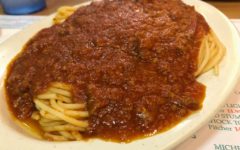 A giant plate of spaghetti with sauce at Vince's Spaghetti in Ontario, CA