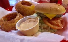 Hut's Hamburgers - All American Buddy Holly Burger with Peppered Onion Rings and Chipotle Mayo