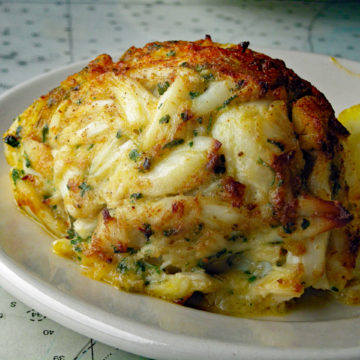 Close view of a lump crab cake, broiled ... Maryland crab cake heaven