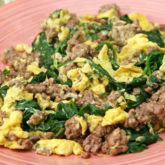 Higgledy-piggledy mix of ground beef, scrambled eggs, and spinach