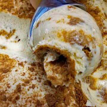 Molasses ice cream streaked with gingersnap crumbs is being scooped up