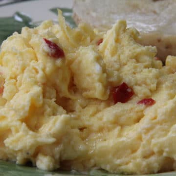 Close view of eggs scrambled with pimento cheese