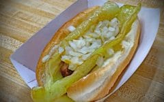 Long pepper holds a hot dog in a bun ... West Virginia chili dogs at their best