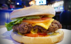 Fully-dressed cheeseburger ... square meals & cold beer