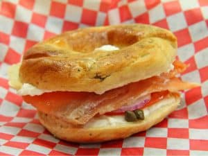 Bagel sandwiches smoked salmon, onion, tomato, capers ... Montreal-style bagels