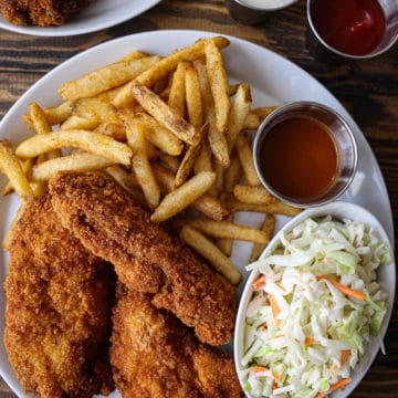 Barberton fried chicken with fries and coleslaw