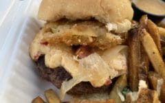 Huge burger with pimento cheese and fried green tomatoes