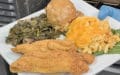 Catfish fillets with greens, dressing, and mac & cheese on a square plate ... Detroit soul