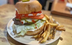 Close view of burger with the works and French fries ... best burger in Barberton