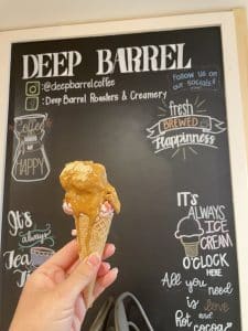 The salted caramel ice cream cone at Deep Barrel Roaster & Creamery in Norco, CA